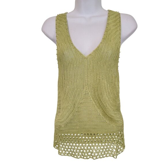Kroshetta by Papillon S Green Rayon Sleeveless Crochet Top Boho Coastal Beaded - Picture 1 of 8